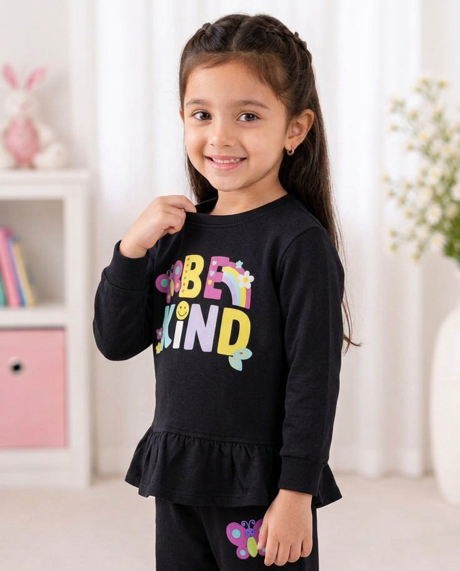 Toddler Girl Black Peplum "Be Kind" Butterfly Graphic Sweatsuit