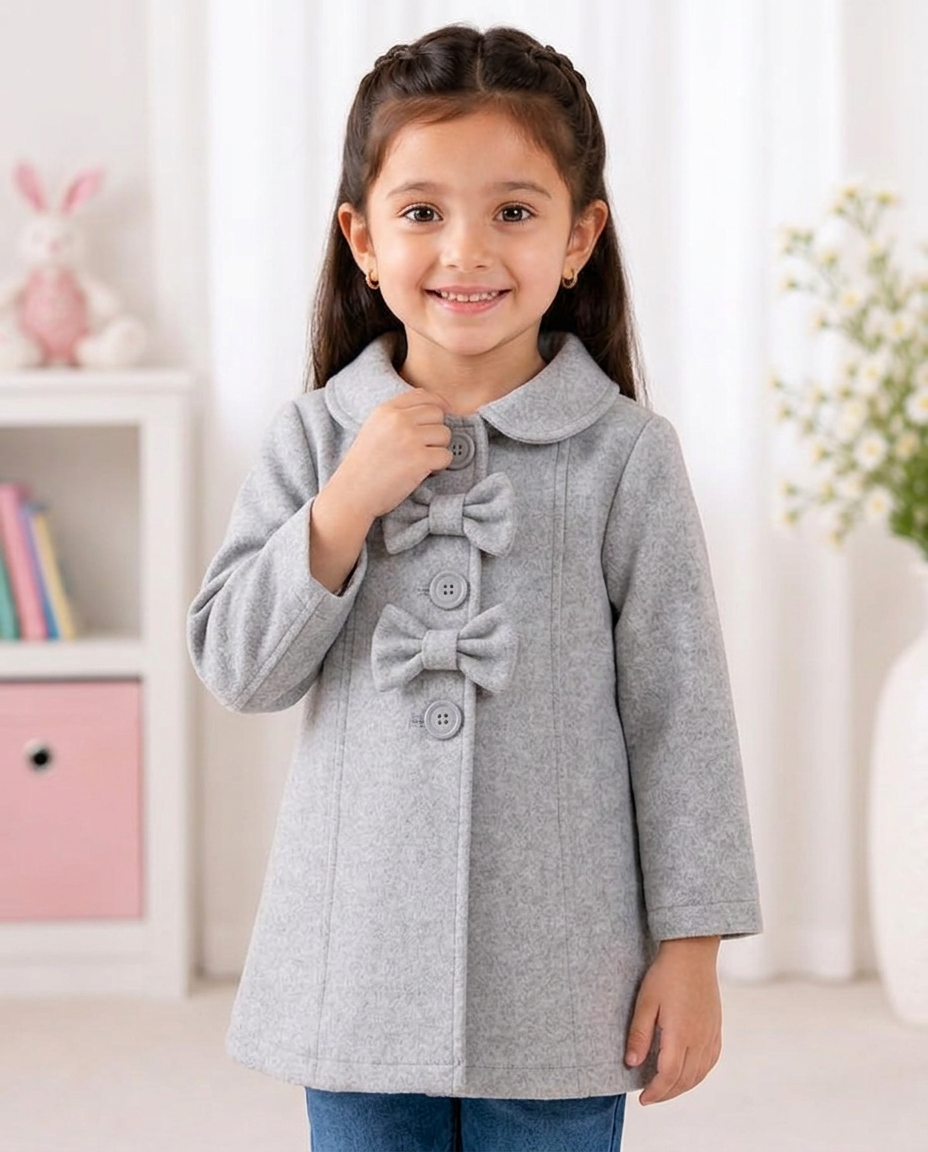 Baby Girls Soft Fleece Winter Coat with Bow Buttons – Light Grey