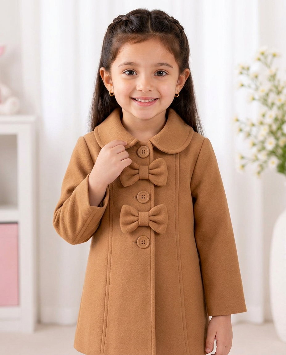 Girls’ camel Bow-Detail Fleece Coat