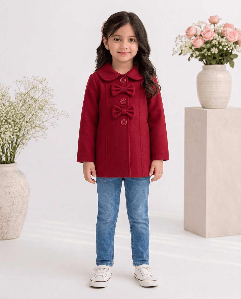 Girls’ Maroon Bow-Detail Fleece Coat
