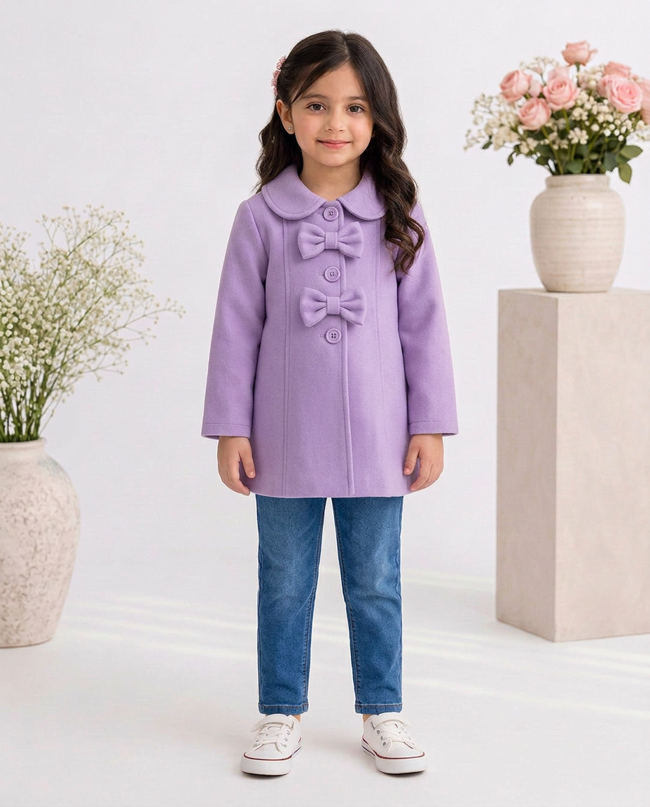 Baby Girl Fleece Winter Coat with Bow Details – Lavender Purple Button-Up Coat