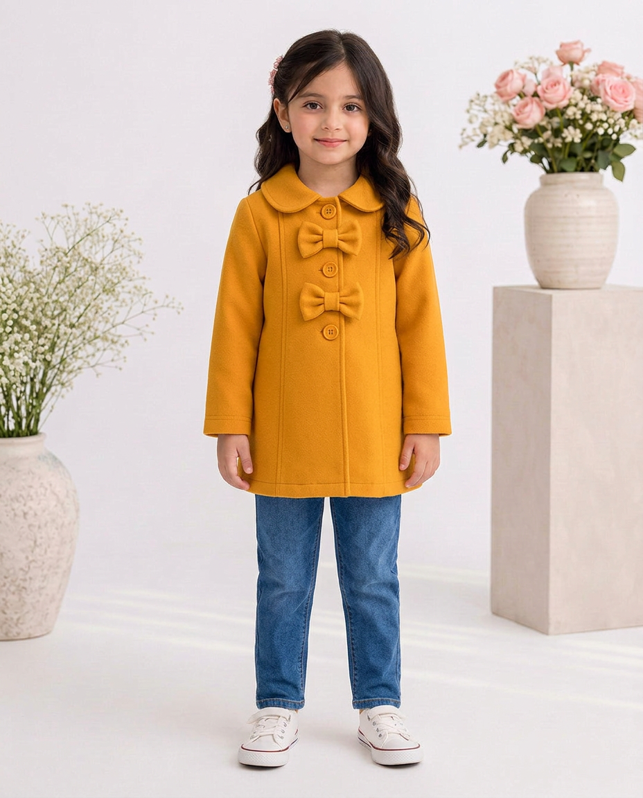 Baby Girls Mustard Fleece Winter Coat with Bow Buttons – Mustard Yellow