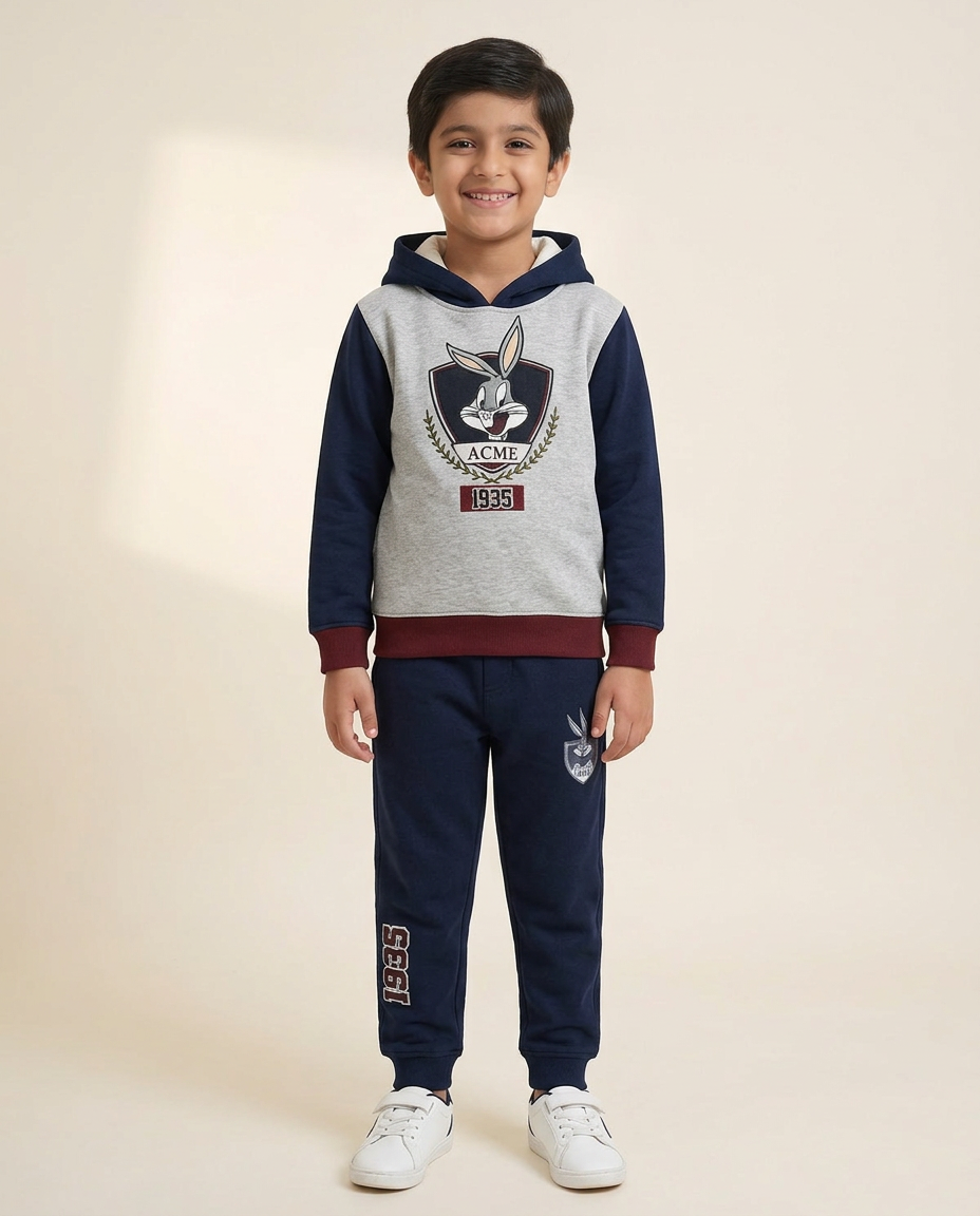 Bugs Bunny Color-Block Hoodie & Trouser Suit – Grey, Black & Maroon