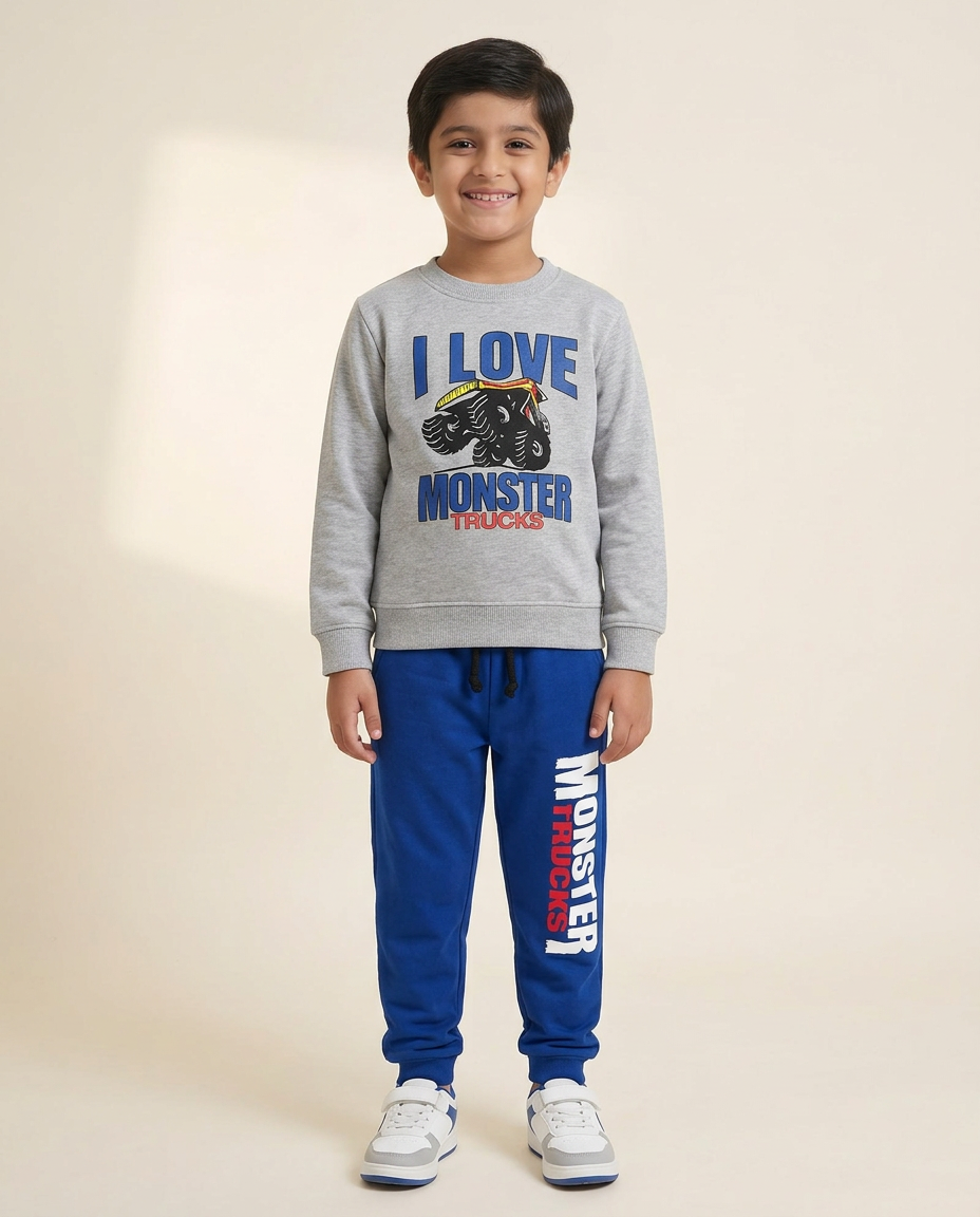 I Love Monster Truck Printed Grey Sweatshirt & Blue Trouser With Dori Outfit Premium Quality Set