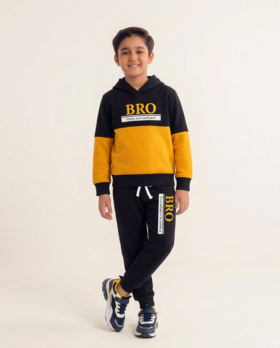 Kids Boys Black & Yellow BRO Hoodie with Trouser – Brave and Confident Printed Casual Outfit