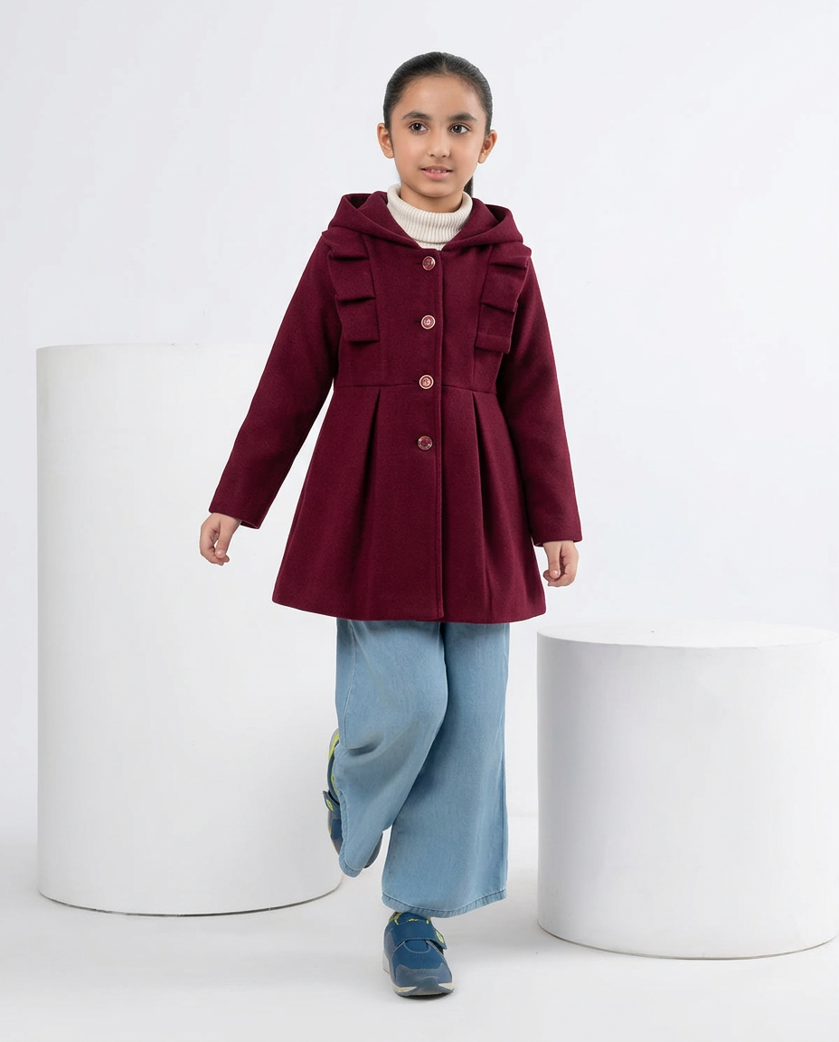 Girls’ Hooded Winter Coat with Button Closure – Maroon