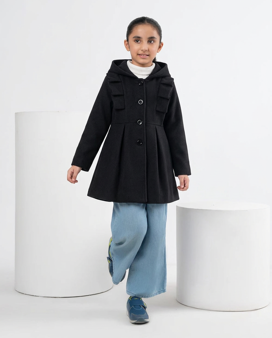 Girls’ Hooded Winter Coat with Button Closure –black