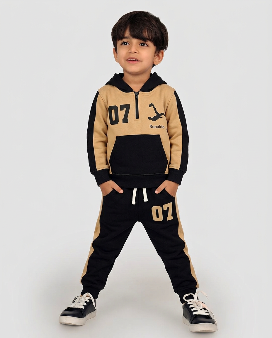 Black & Camel Hoodie Set – Half Zip Hooded Top with Matching Bottoms