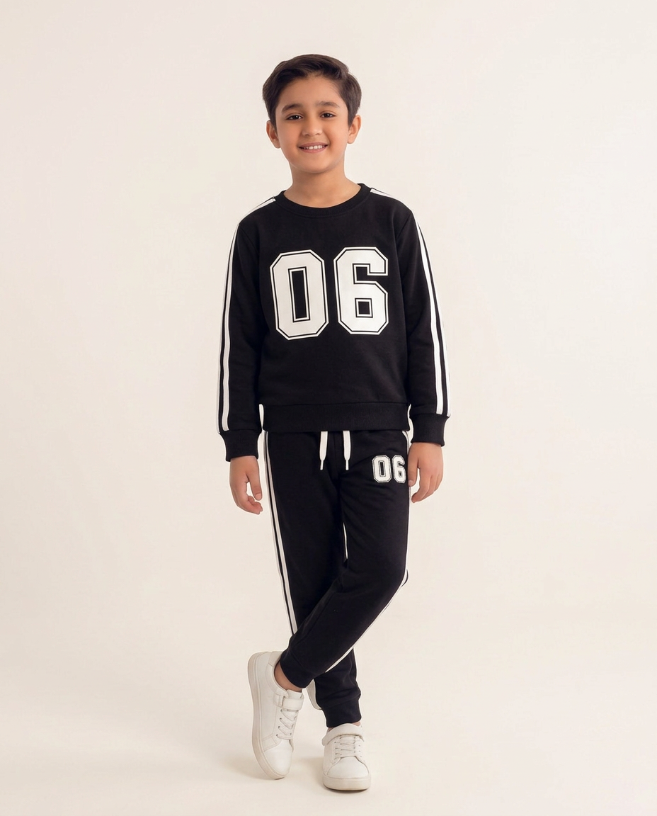 Boys Black Sports Sweatsuit – Number Print Striped Sleeve Sweatshirt