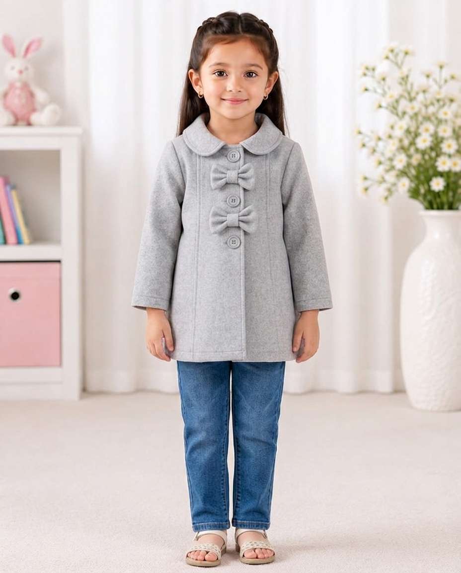 Baby Girls Soft Fleece Winter Coat with Bow Buttons – Light Grey