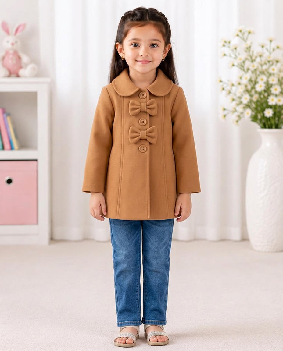 Girls’ camel Bow-Detail Fleece Coat