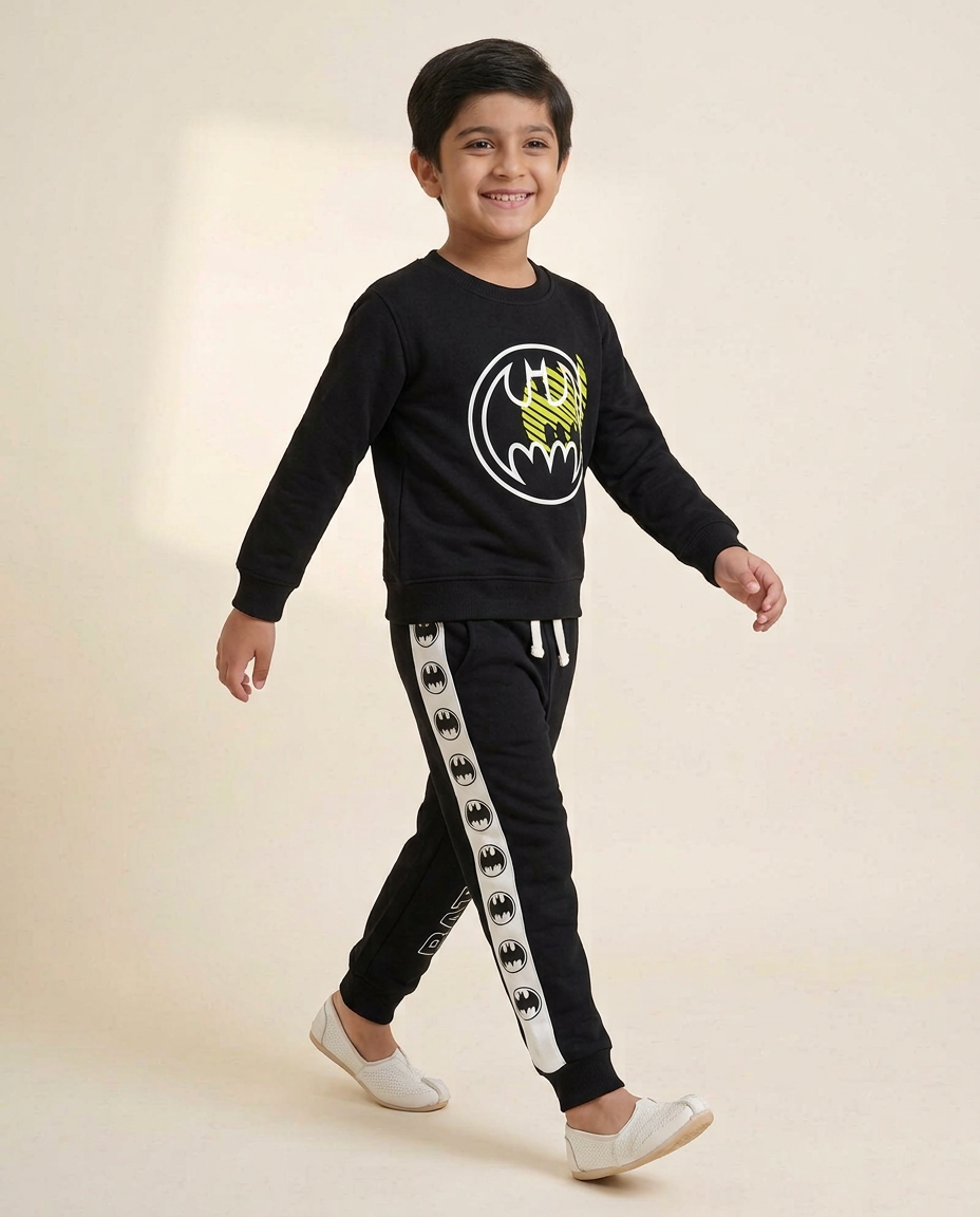 Kids Black Yellow Batman Logo Sweatshirt Long Sleeves With Panel Trouser