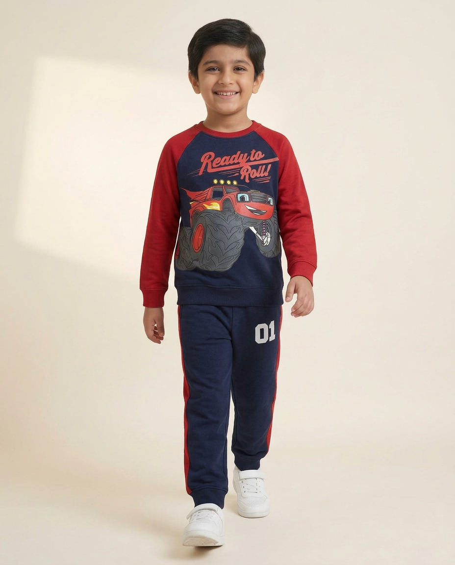 Toddler Boy "Ready to Roll" Monster Truck Graphic Navy Sweatsuit