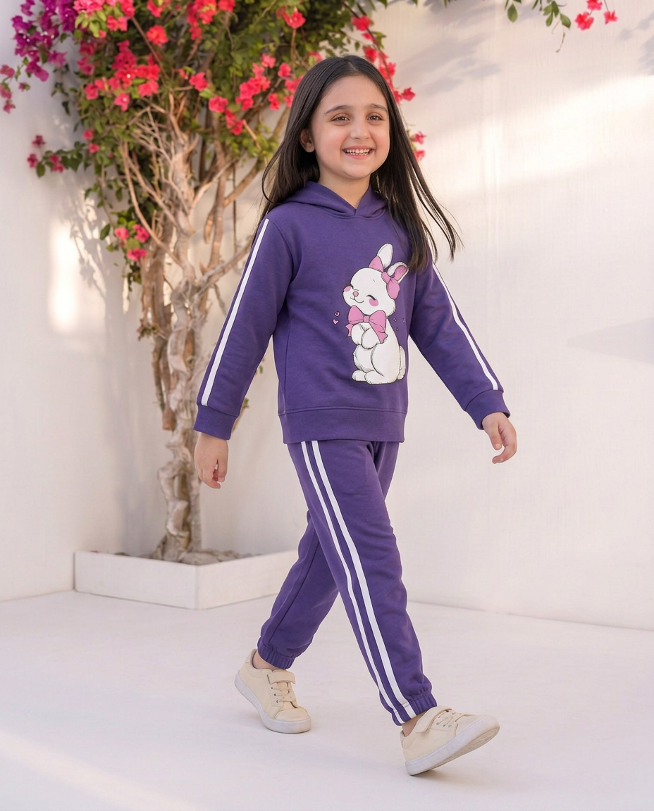 Kids Girls Purple Bunny Hoodie with Trouser – Cute Cartoon Rabbit Print Cozy Outfit Set