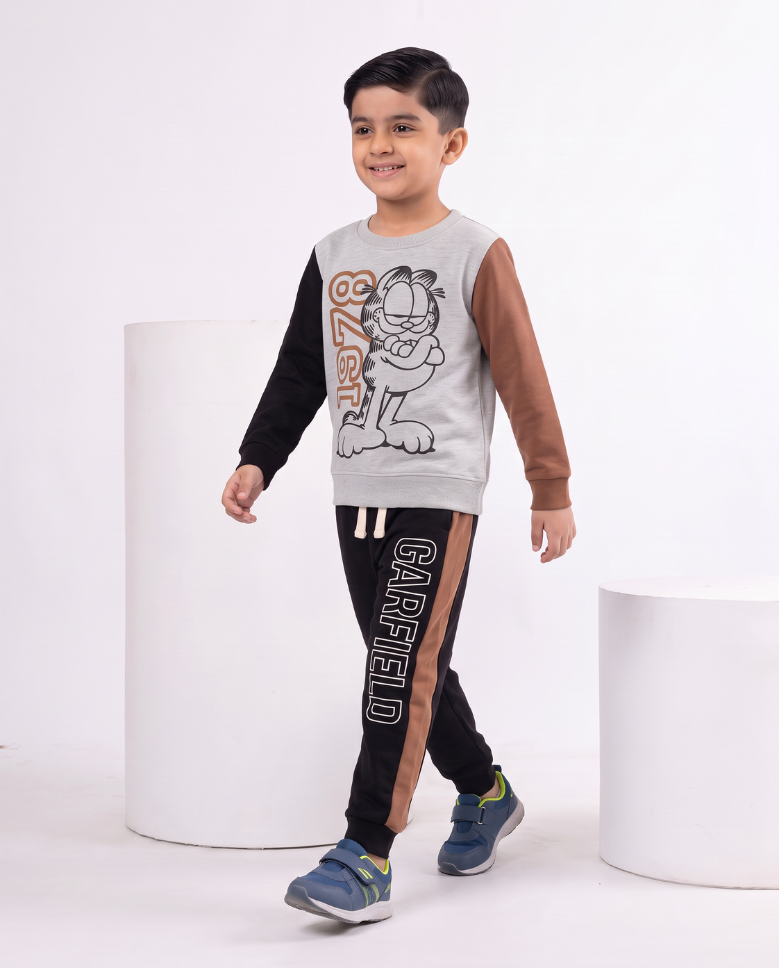 Kids Grey ,brown & black Garfield Print Sweatshirt With Panel Trouser Premium Quality Set