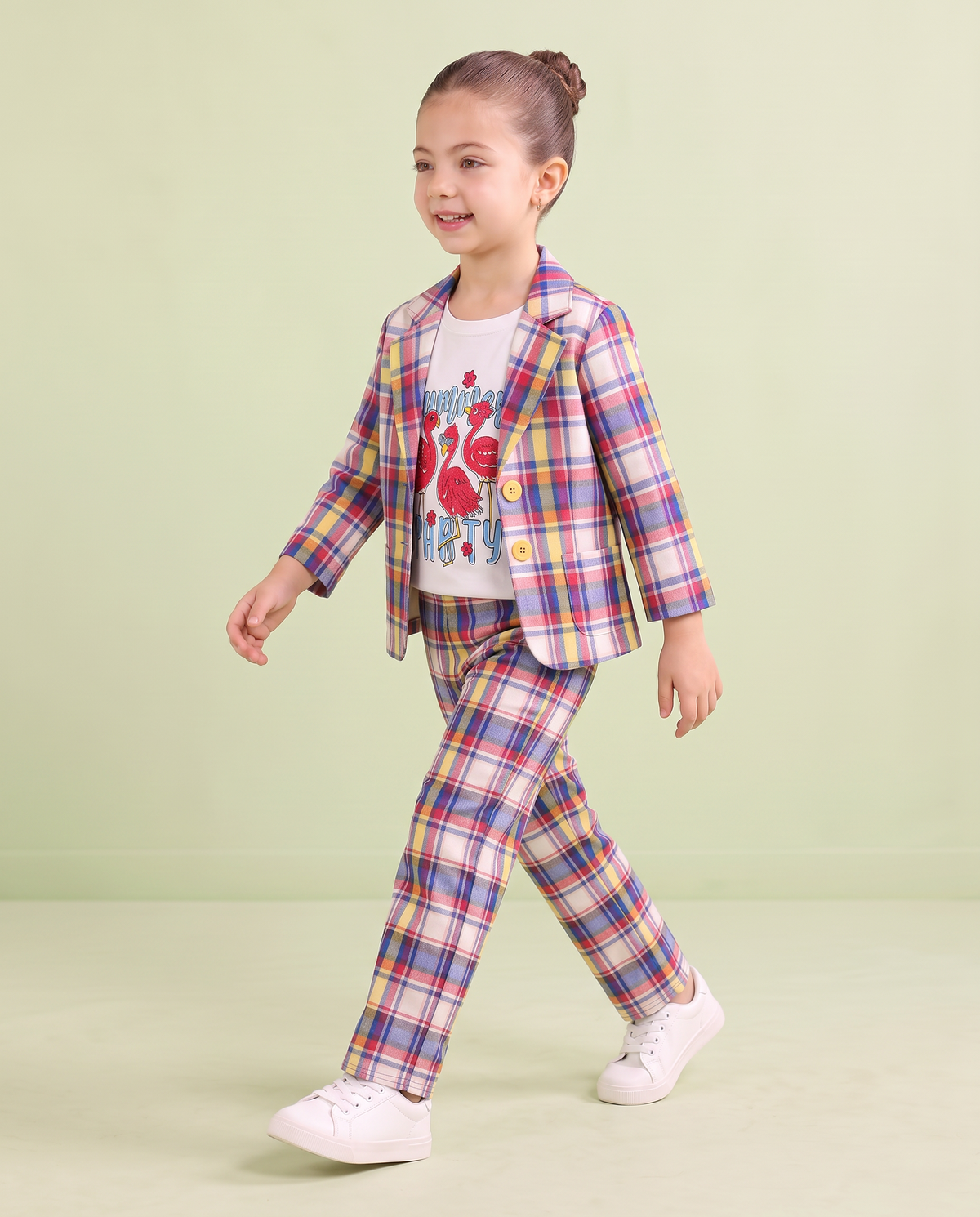 Girls Multicolor Checkered Flamingo 3 Piece Summer Co-Ord Set