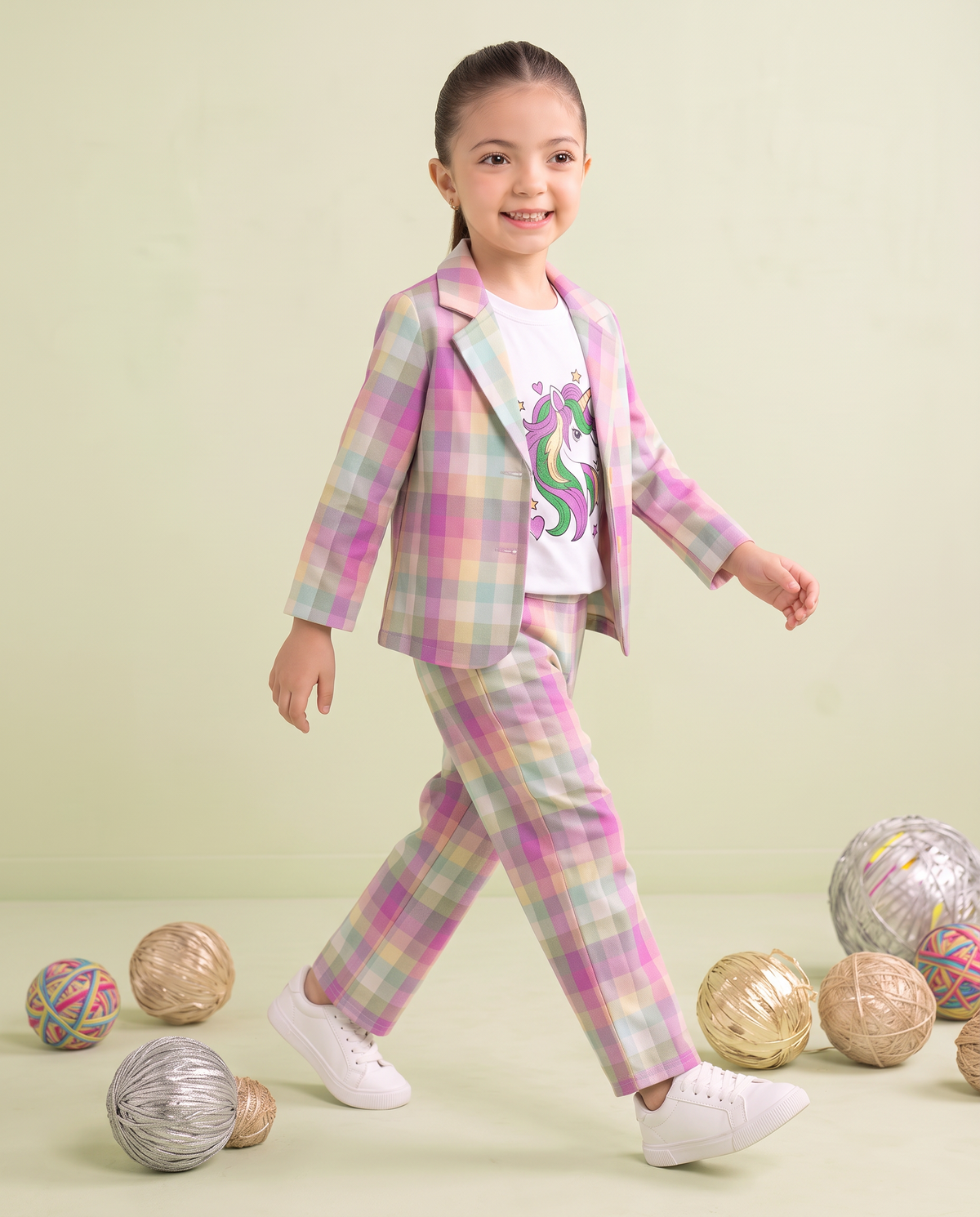 Girls Unicorn Printed 3 Piece Pastel Check Summer Co-Ord Set