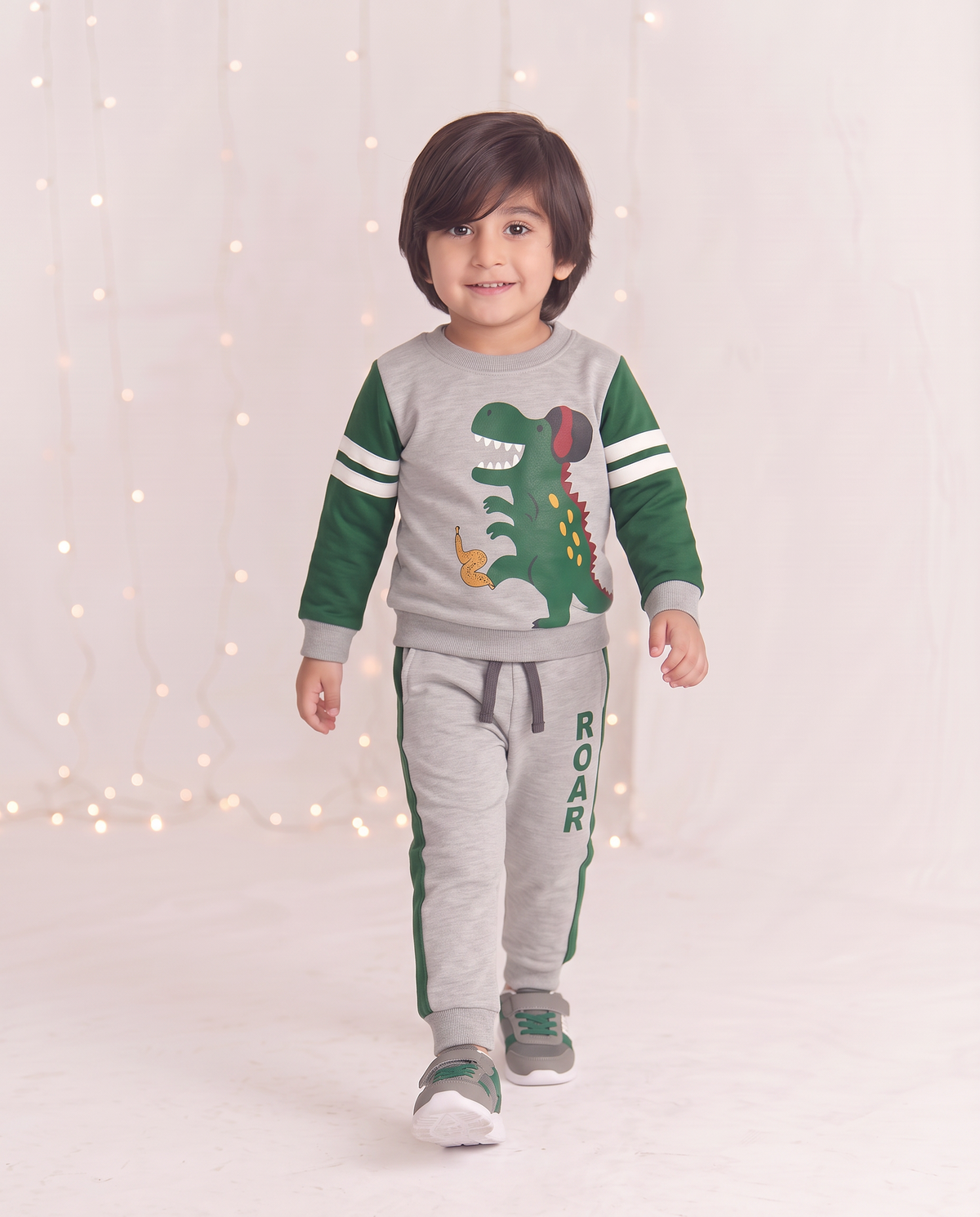 2pcs Set Kids Dinosaur Graphic Green & grey Sweatshirt With panel Trouser