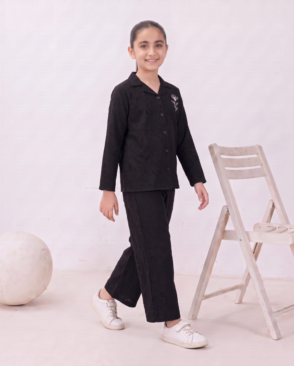 Girls Black Paisley Textured Turkish Fabric Co-Ord Set