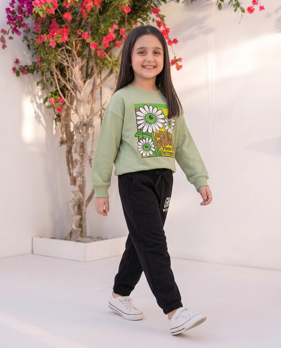 Baby Girls Grows Flowering Fleece White Sweatshirt With Black Trouser 2 Piece premium Quality Set