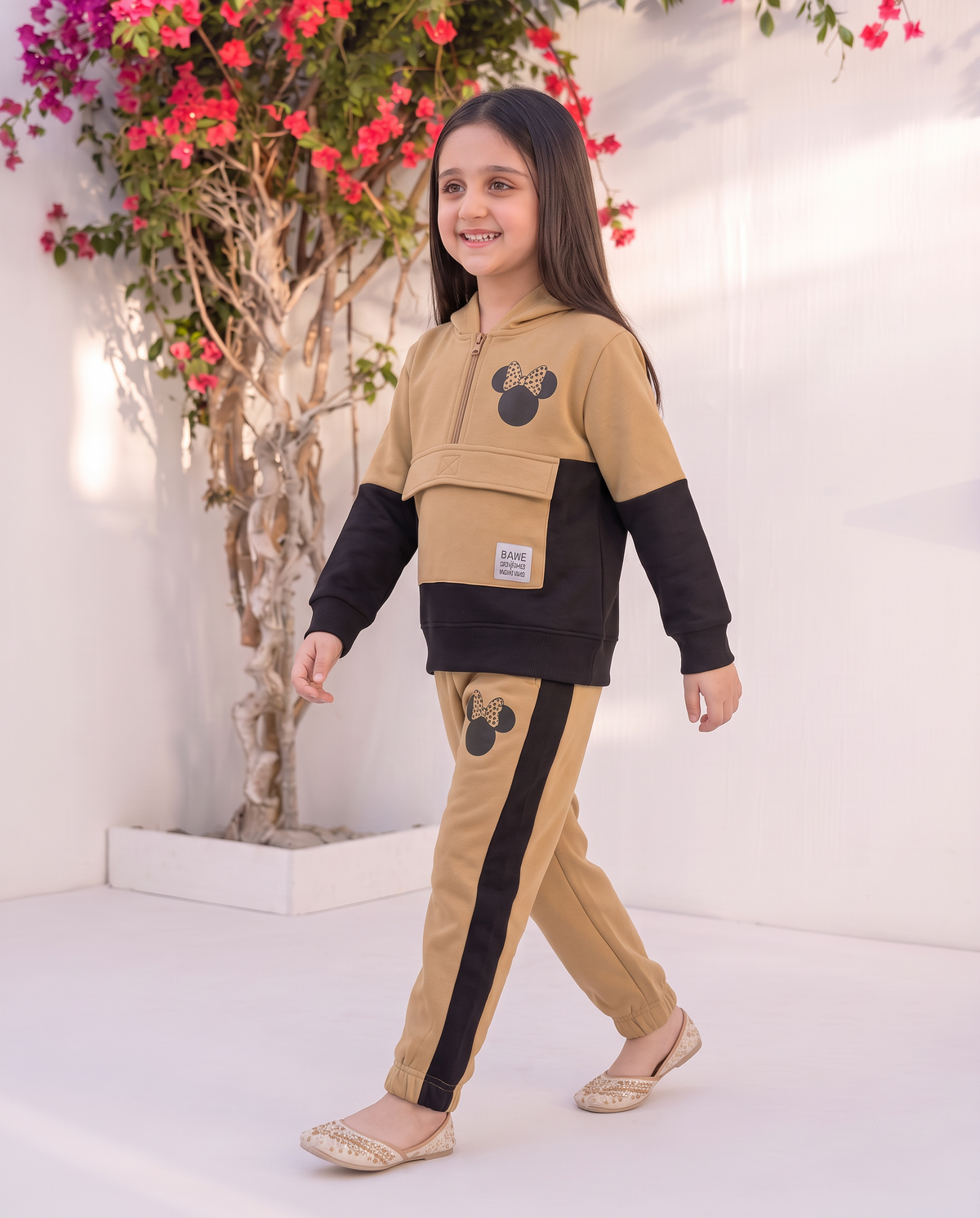 Kids hoodie set minnie design beige black