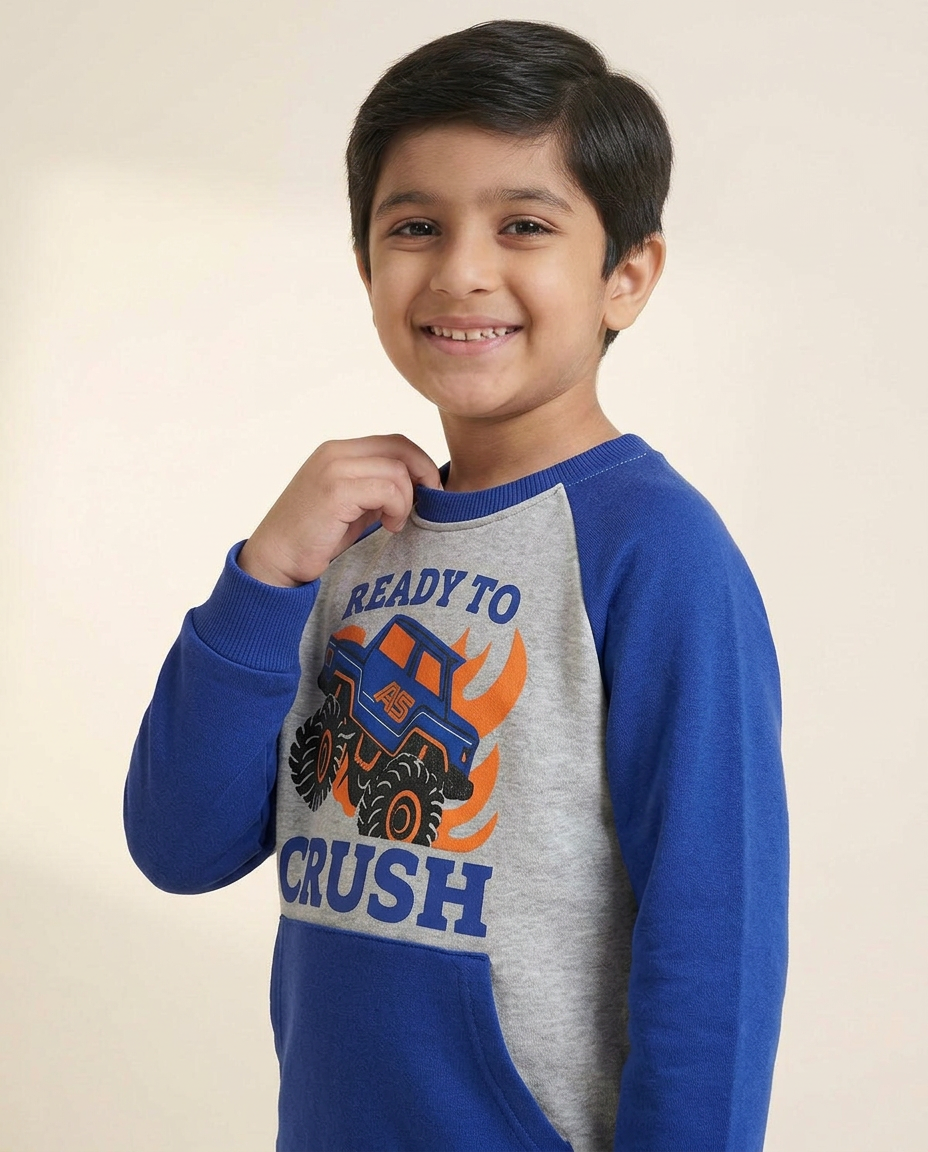 Monster Truck Kids Sweat Suit – Ready to Crush (Blue & Grey)
