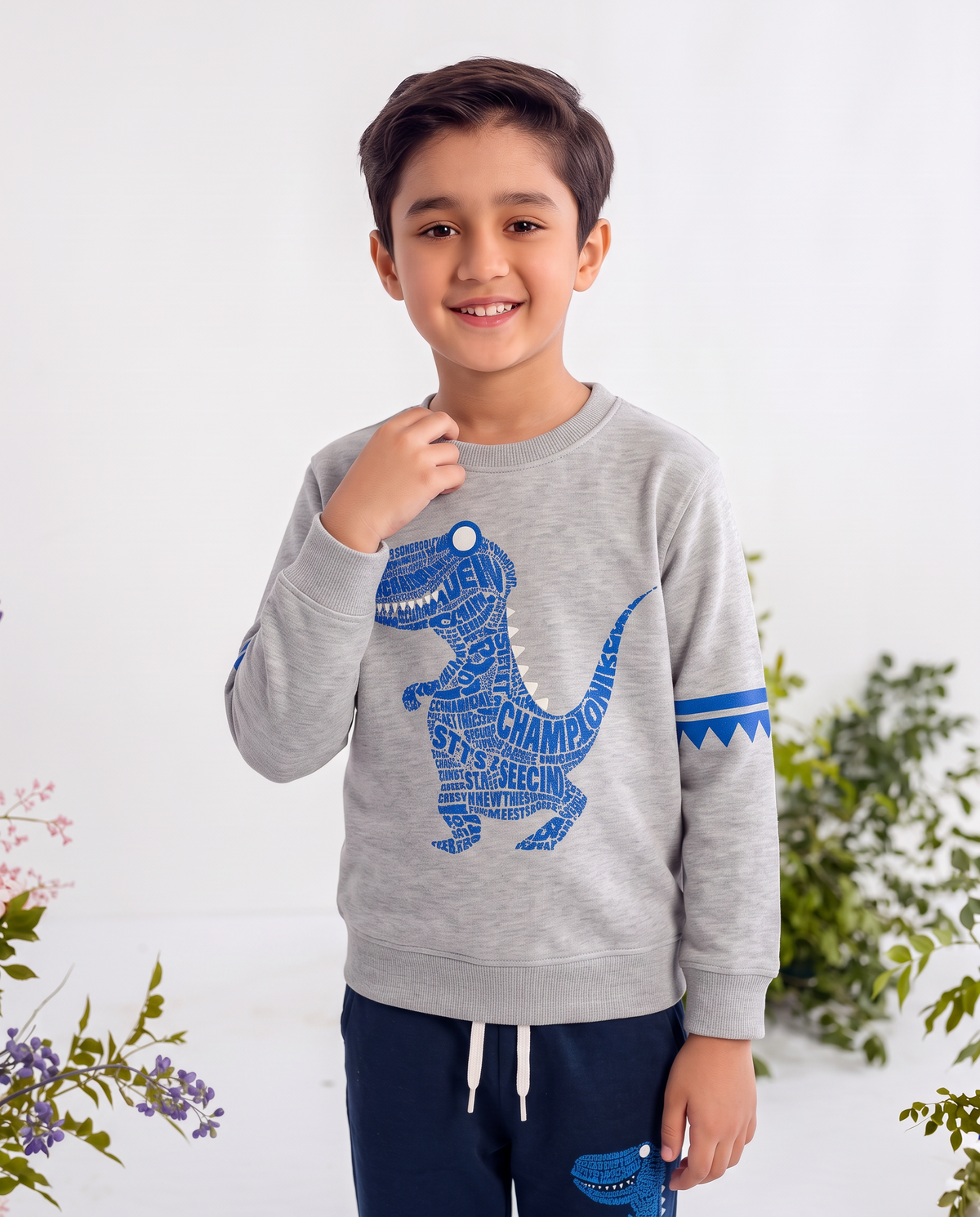 Toddler Baby Boy Grey Dinosaur Sweatshirt Long Sleeve Pullover With Navy Blue Pocket Trouser