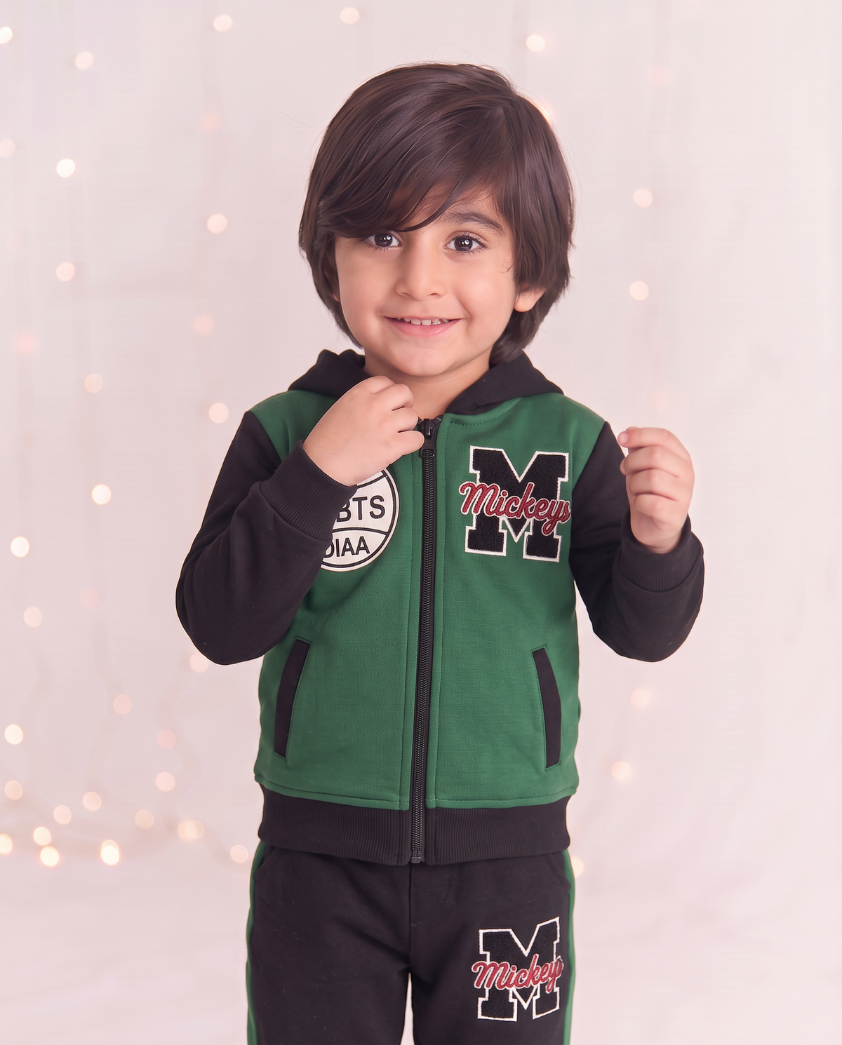 Zipper Green Black Pocket Hoodie With panel Trouser 2pcs Set