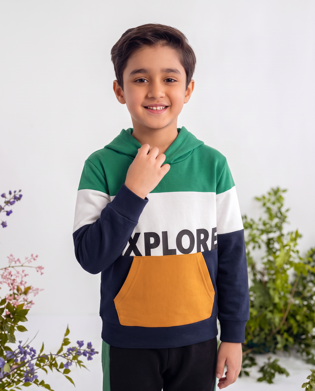 Explore Print Hoodie Green ,White & navy Blue With panel Trouser 2pcs Premium Quality Set