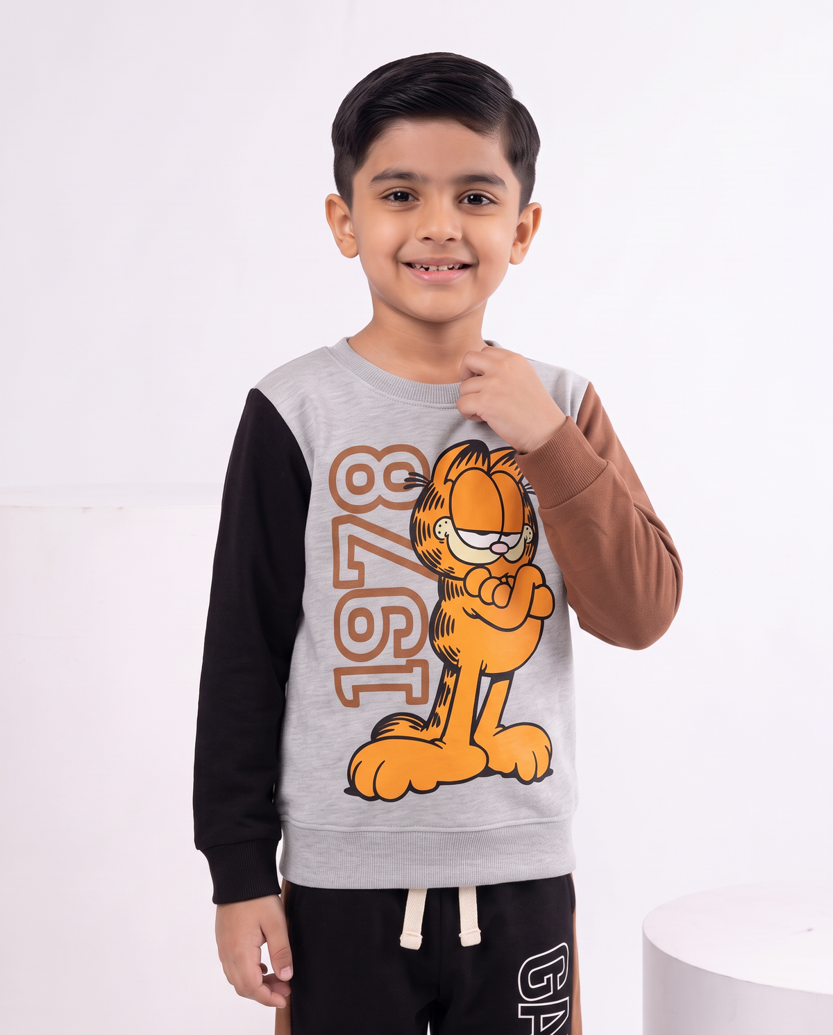 Kids Grey ,brown & black Garfield Print Sweatshirt With Panel Trouser Premium Quality Set
