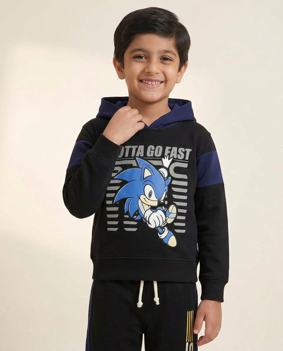 Kids Sonic Blue & Black Fleece Hoodie With Pocket Trouser Premium Quality Set