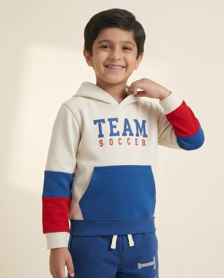 Kids Blue & White ‘Team Soccer’ Hoodie and Tracksuit Set