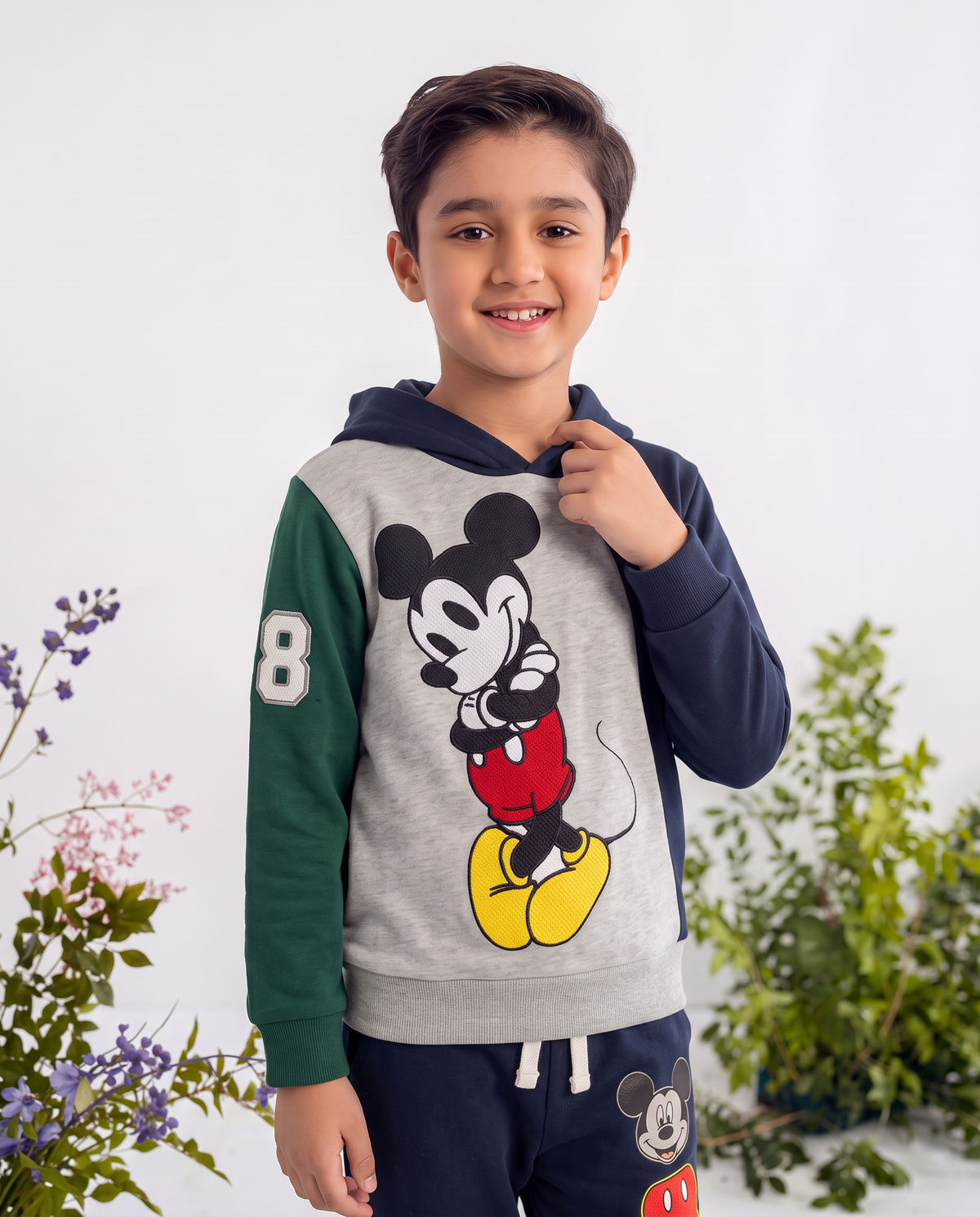 Kids Blue, Grey & green Micky Mouse Fleece Hoodie With Pocket Trouser Outfits Set Imported