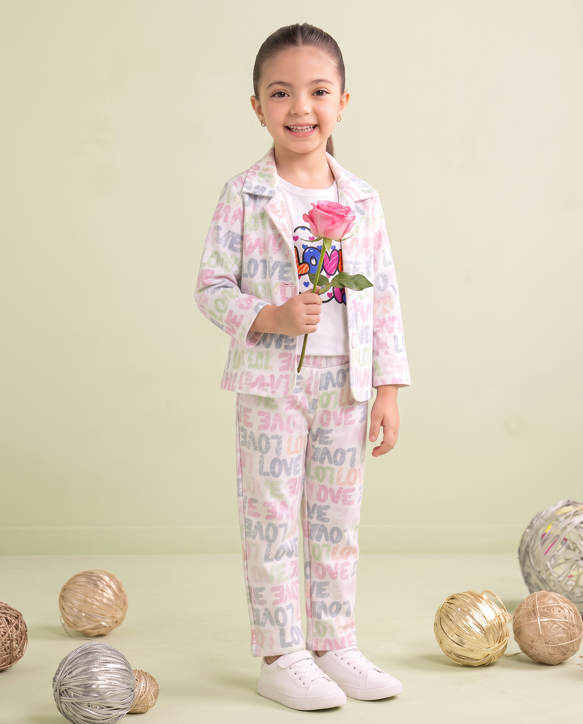 Girls 3 Pcs Love Print Summer Co-Ord Set – White Multi