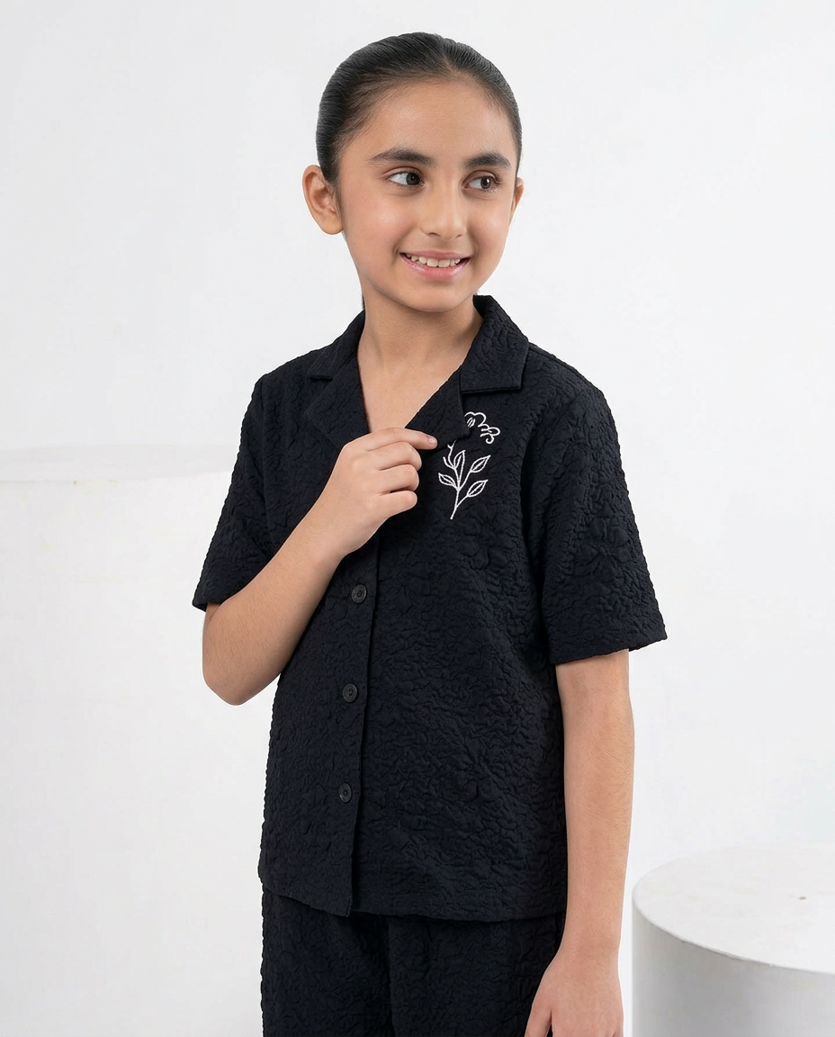 Girls Black Textured Turkish Fabric Co-Ord Set