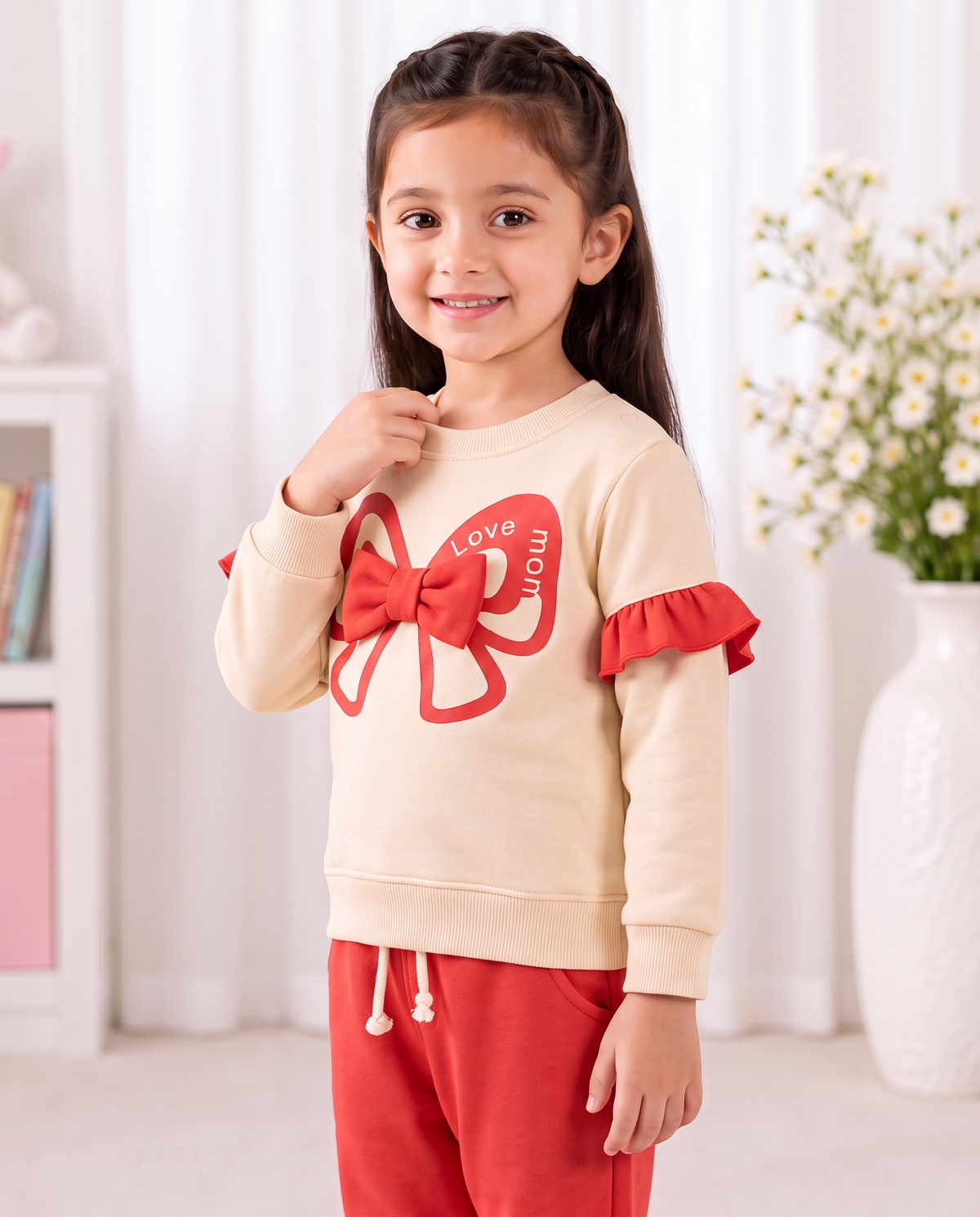 Sweet Love Baby Girl Bow Tracksuit – Cream & Red Two-Piece Set