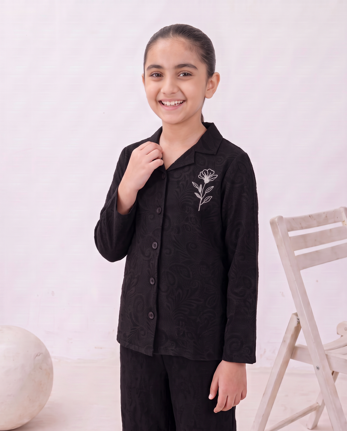 Girls Black Paisley Textured Turkish Fabric Co-Ord Set