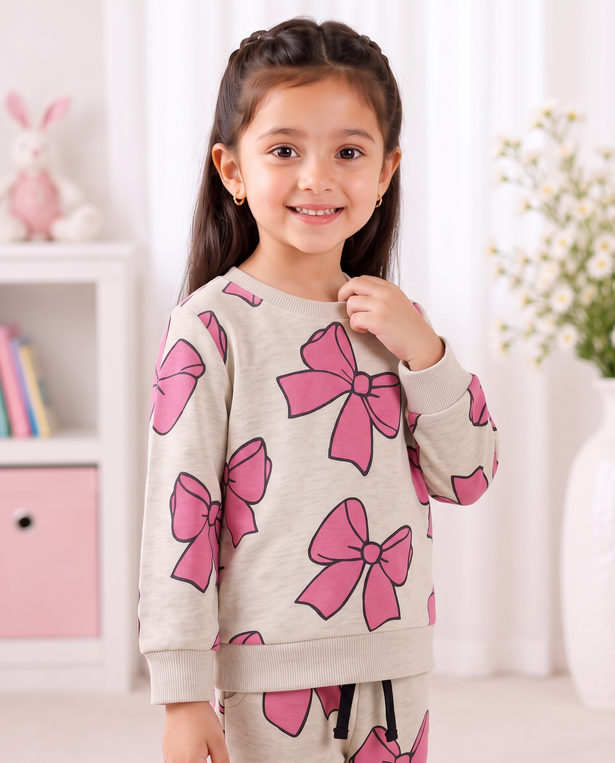 Cute Pink Bow Printed Kids Tracksuit – Beige Two-Piece Set