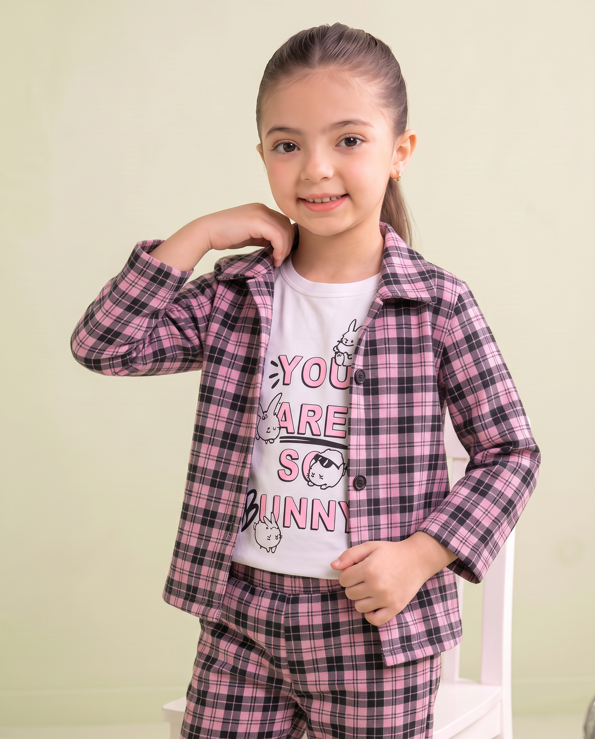 Girls 3 Pcs Bunny Printed Checkered Summer Co-Ord Set – Pink & Black