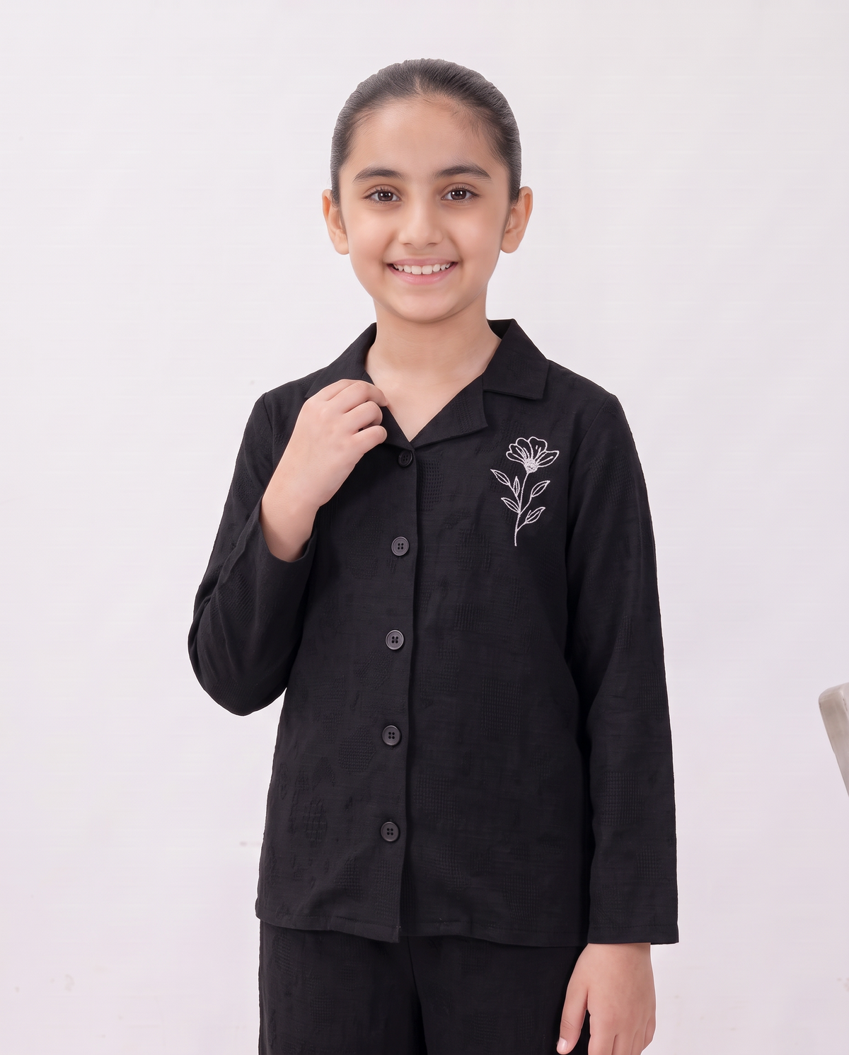Girls Black Dotted Textured Turkish Fabric Co-Ord Set