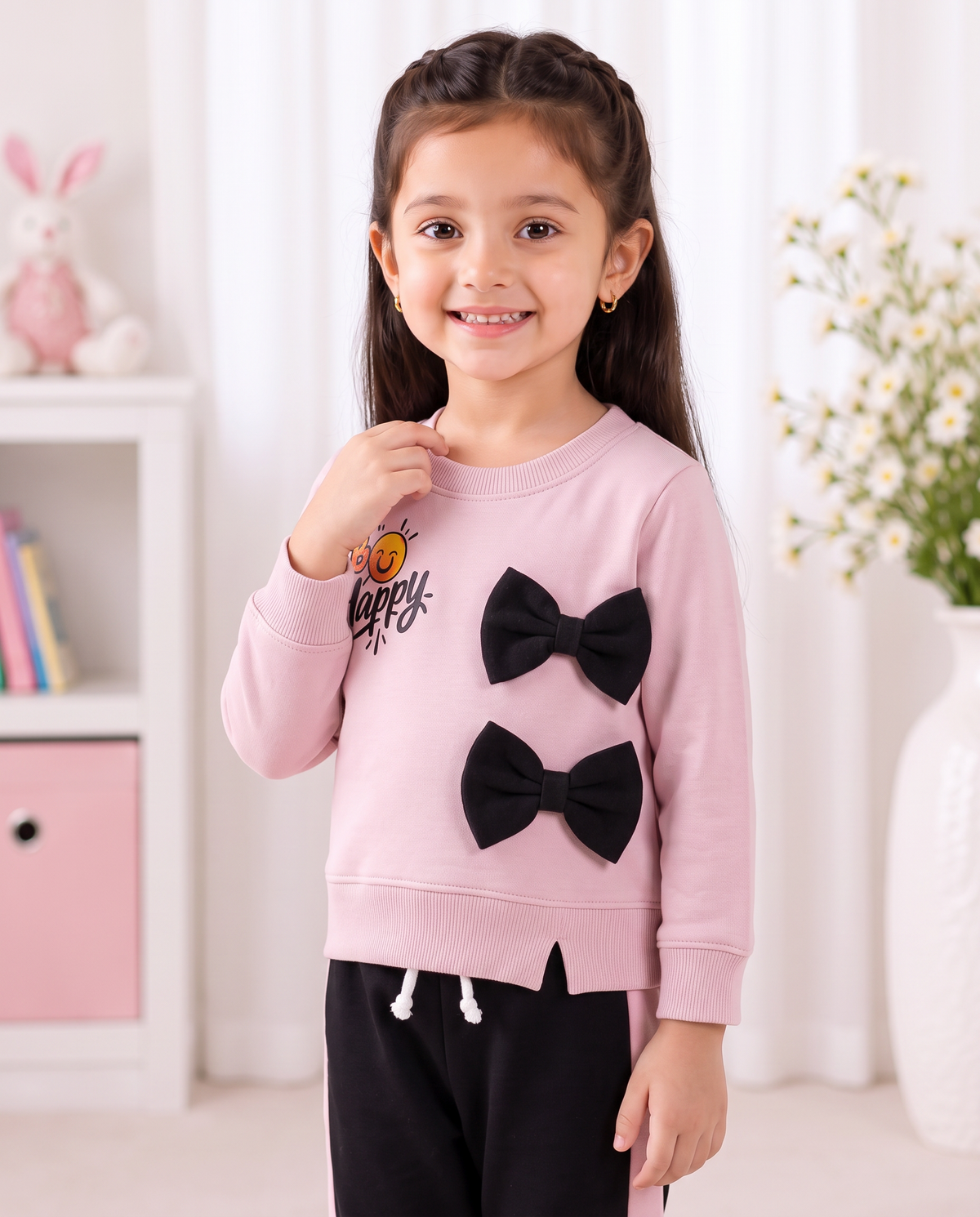Girls Be Happy Pink & Black Bow Tracksuit