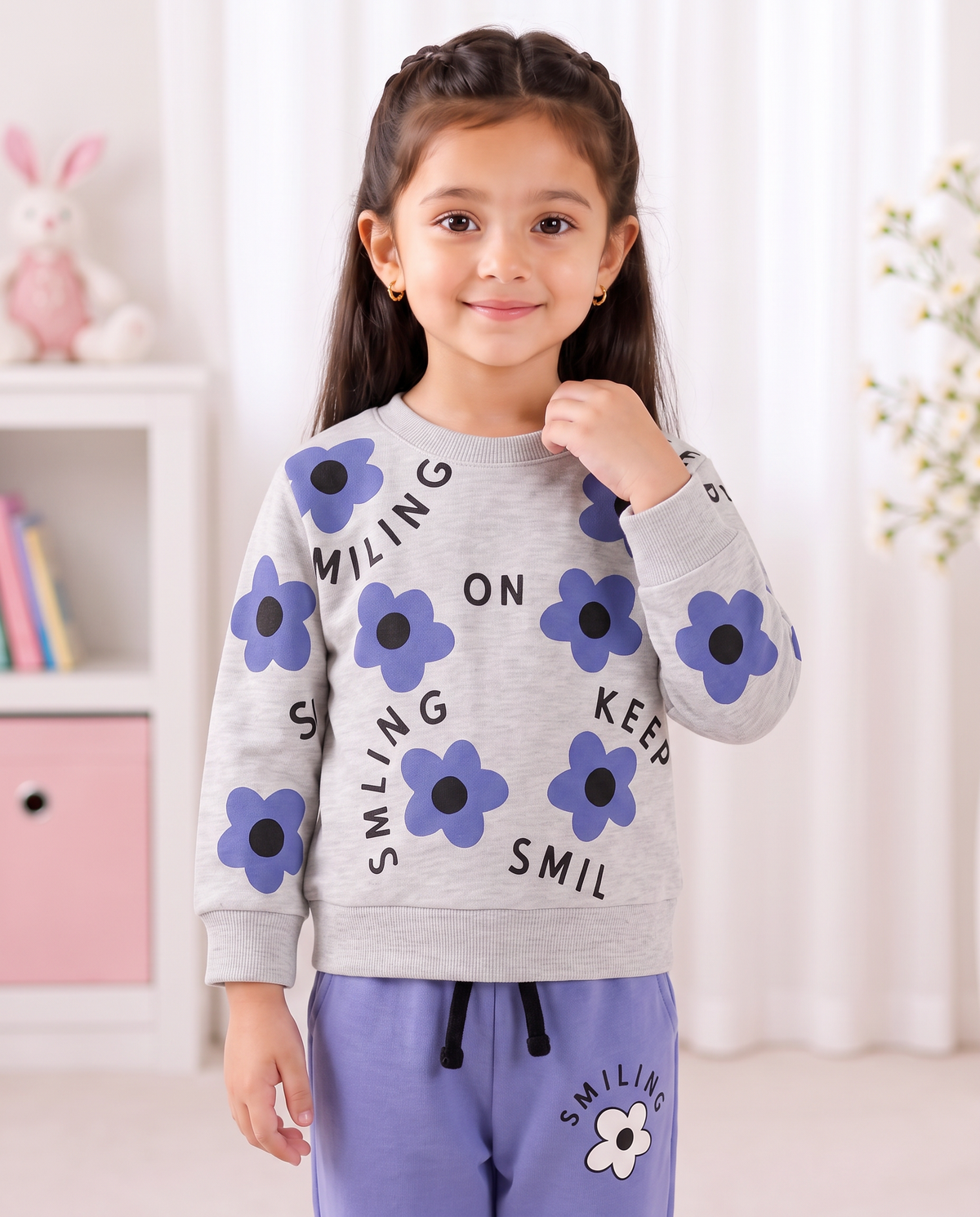 Girls Keep Smiling Grey & Purple Flower Tracksuit