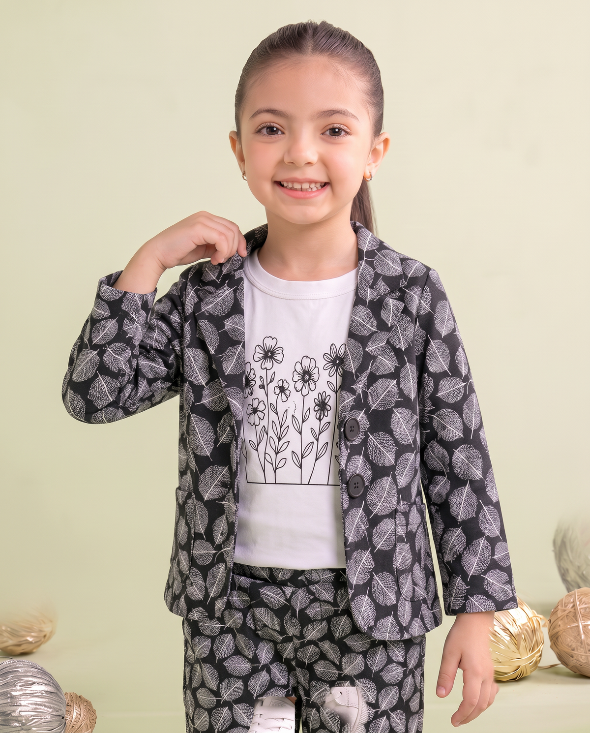 Girls Black & White Leaf Print 3 Piece Summer Co-Ord Set