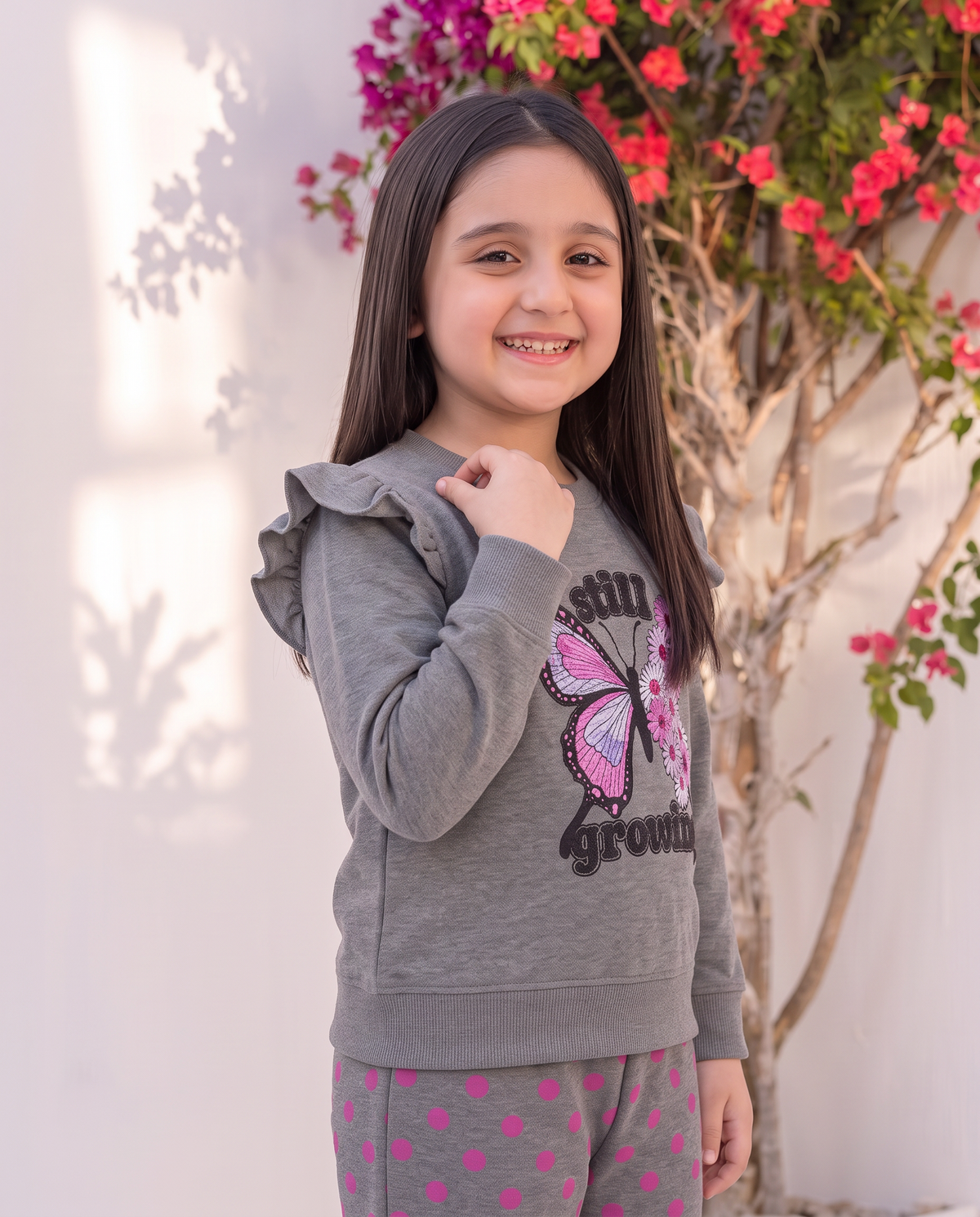 "Still Growing" Butterfly Graphic Grey Top and Pink Dot Pant Set for Toddlers