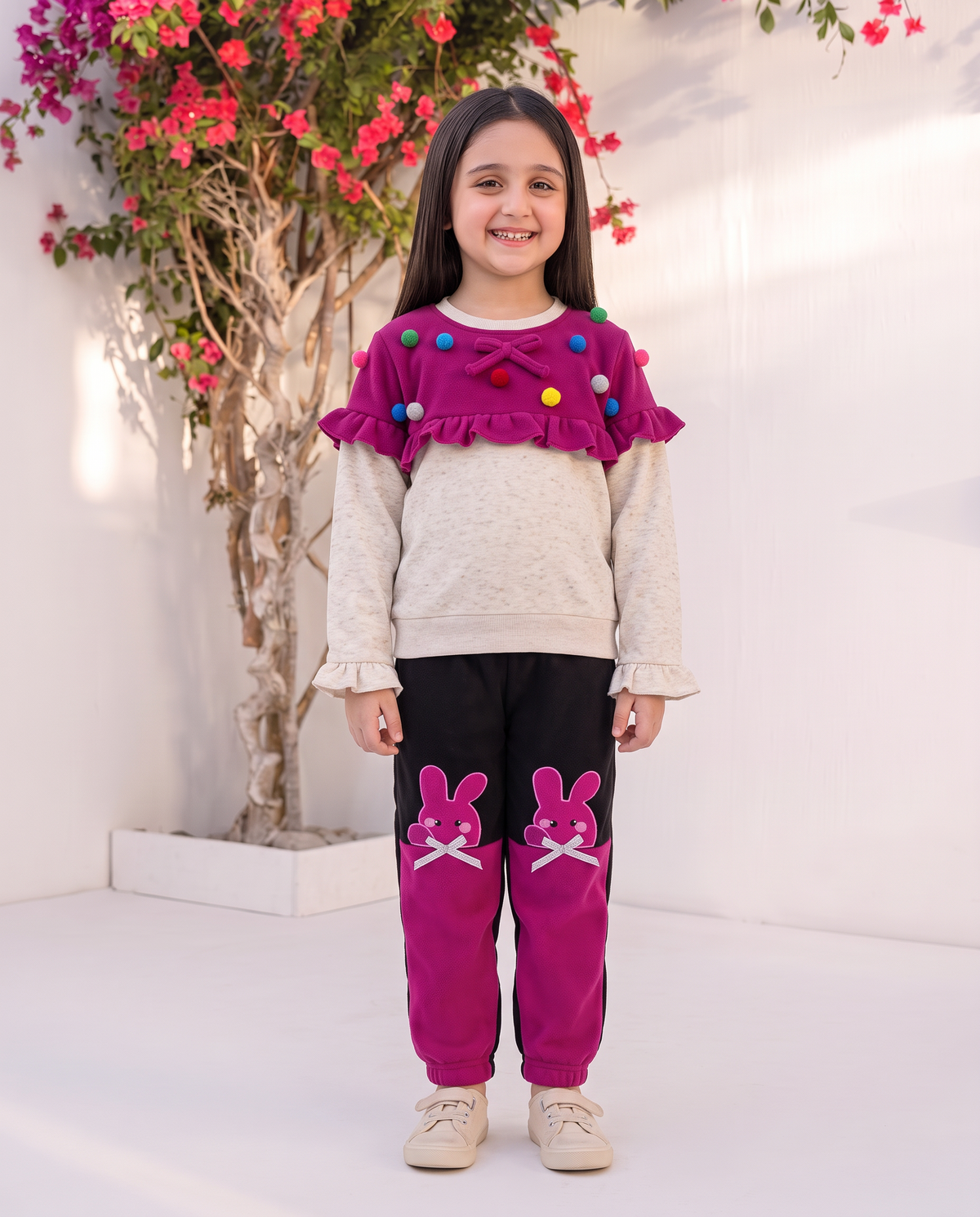 Cute Bunny Printed Kids Tracksuit – Pink and Black Winter Sweatshirt & Trouser Set for Girls