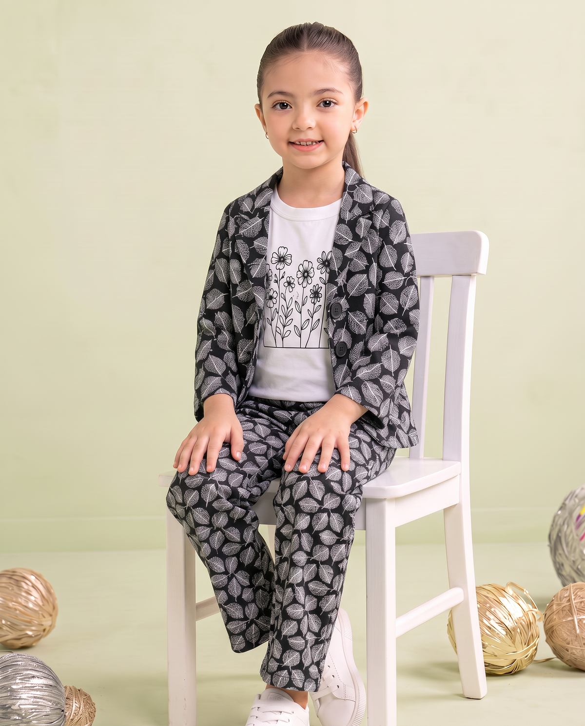 Girls Black & White Leaf Print 3 Piece Summer Co-Ord Set