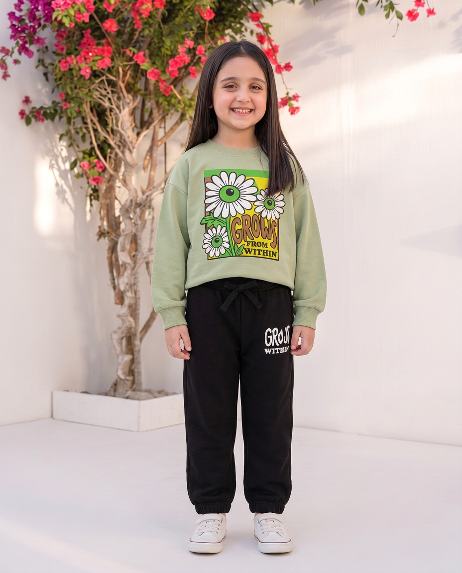 Baby Girls Grows Flowering Fleece White Sweatshirt With Black Trouser 2 Piece premium Quality Set