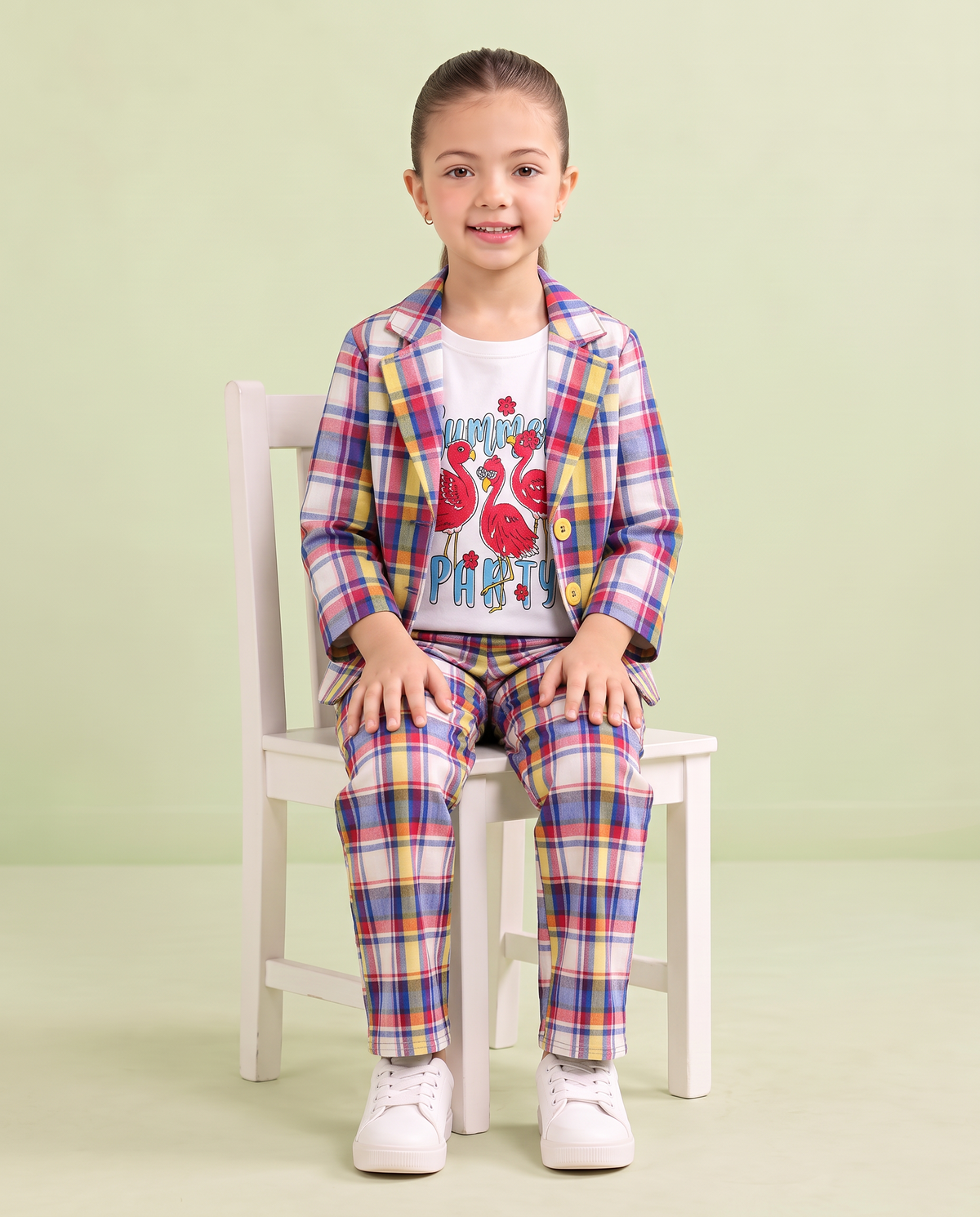 Girls Multicolor Checkered Flamingo 3 Piece Summer Co-Ord Set