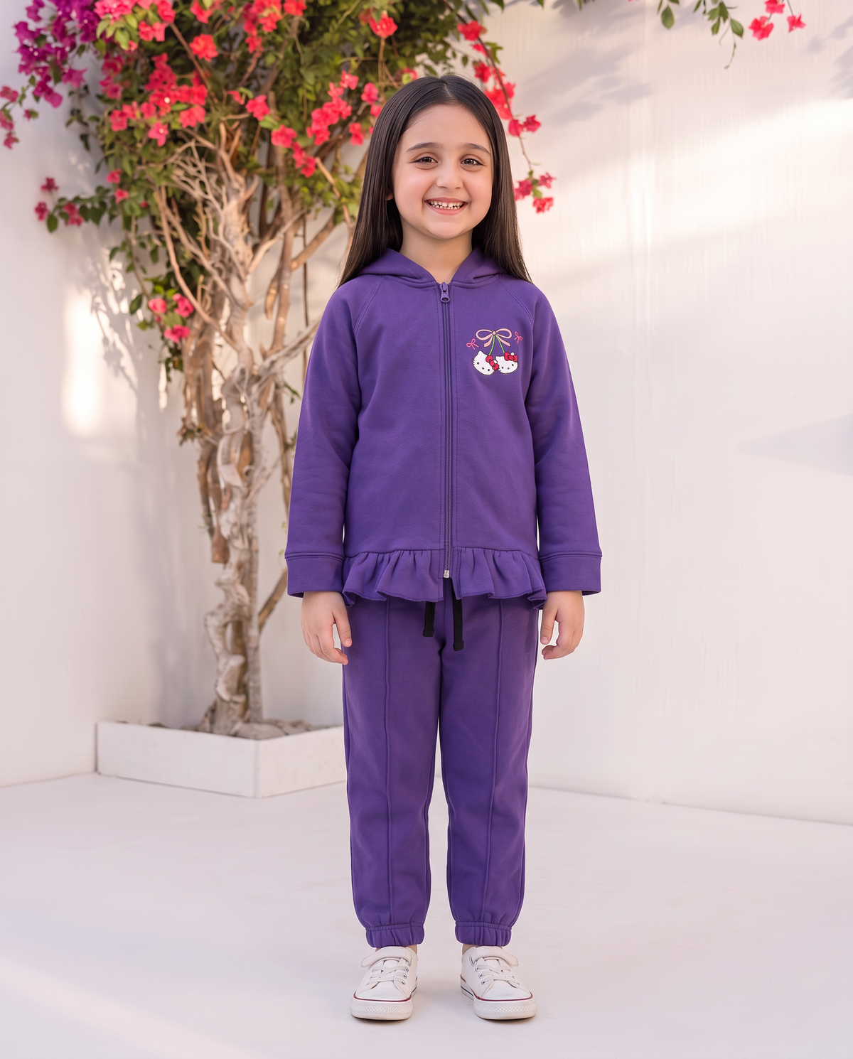 Cute Kitty Bow Kids Zipper Set – Purple