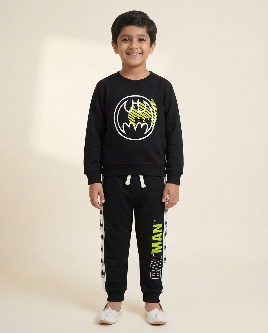 Kids Black Yellow Batman Logo Sweatshirt Long Sleeves With Panel Trouser